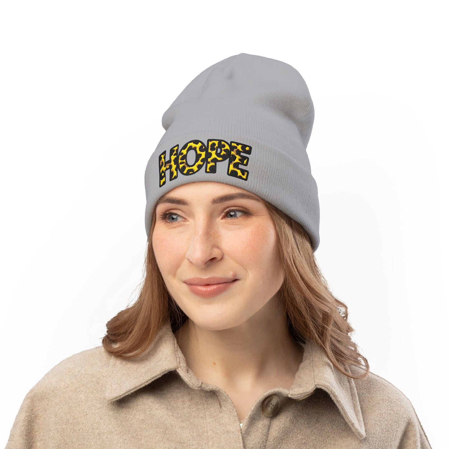Leopard Print HOPE Embroidered Knit Beanie | Animal Print Winter Hat