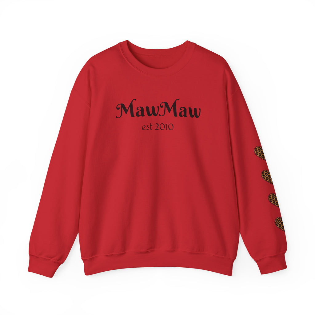 MawMaw Personalized Crewneck Sweatshirt —  Leopard Heart Sleeve Design