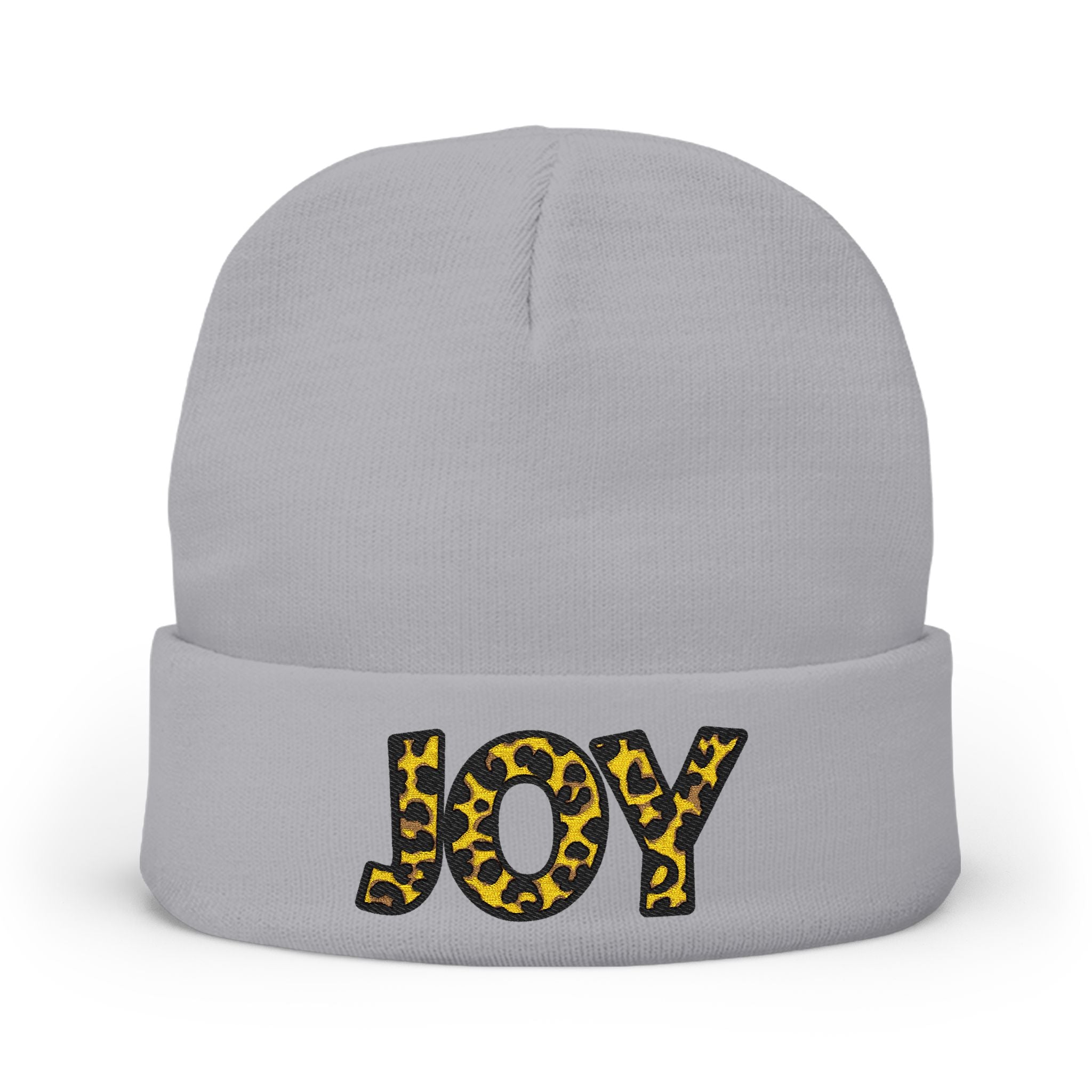 Leopard Print JOY Embroidered Knit Beanie | Animal Print Winter Hat
