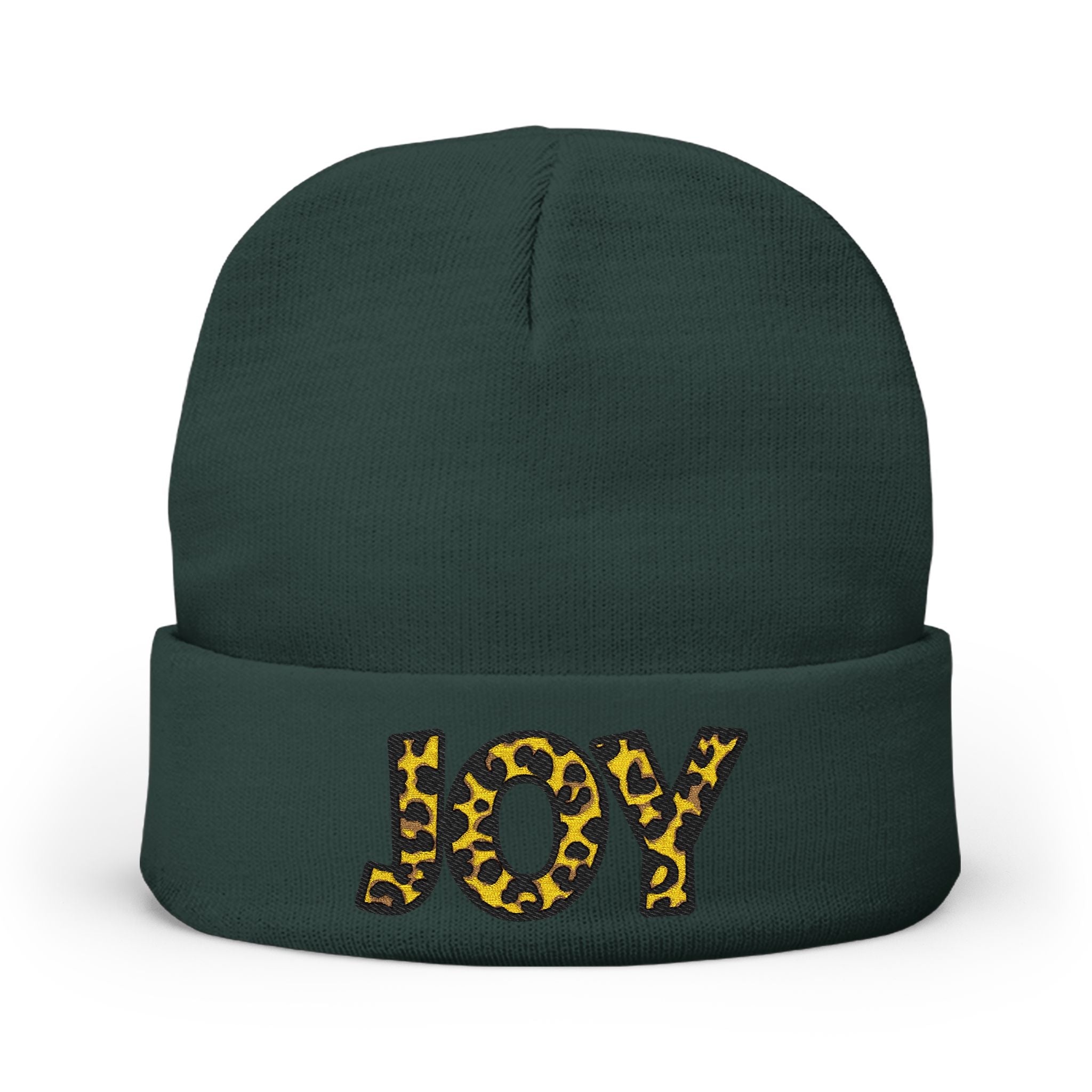 Leopard Print JOY Embroidered Knit Beanie | Animal Print Winter Hat