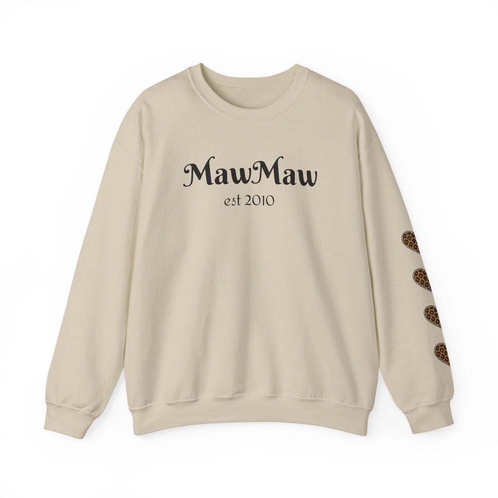 MawMaw Personalized Crewneck Sweatshirt —  Leopard Heart Sleeve Design