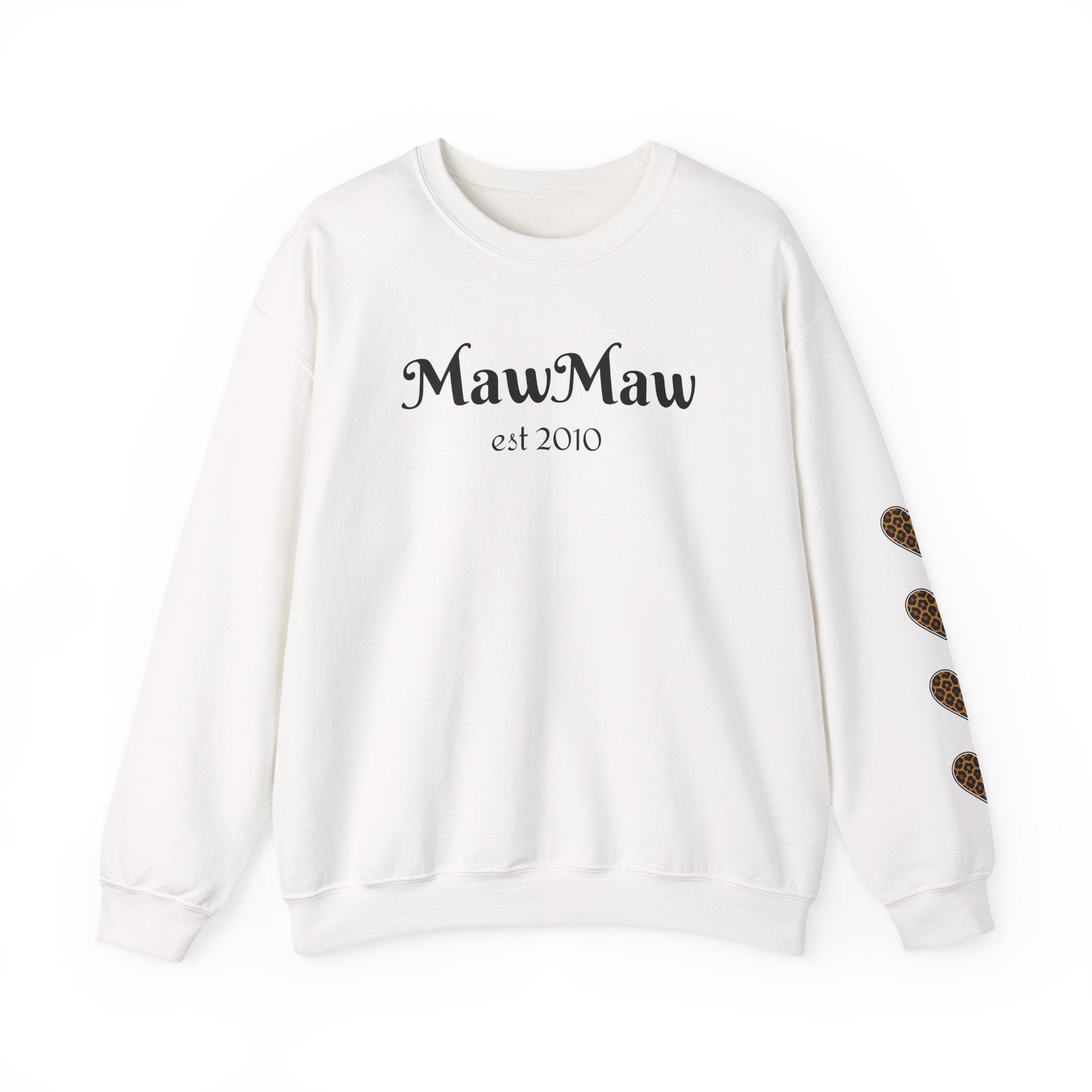 MawMaw Personalized Crewneck Sweatshirt —  Leopard Heart Sleeve Design
