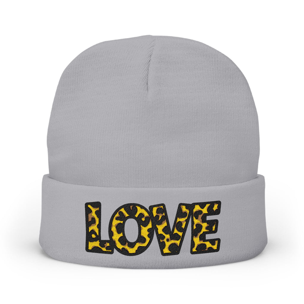 Leopard Print LOVE Embroidered Knit Beanie | Animal Print Winter Hat