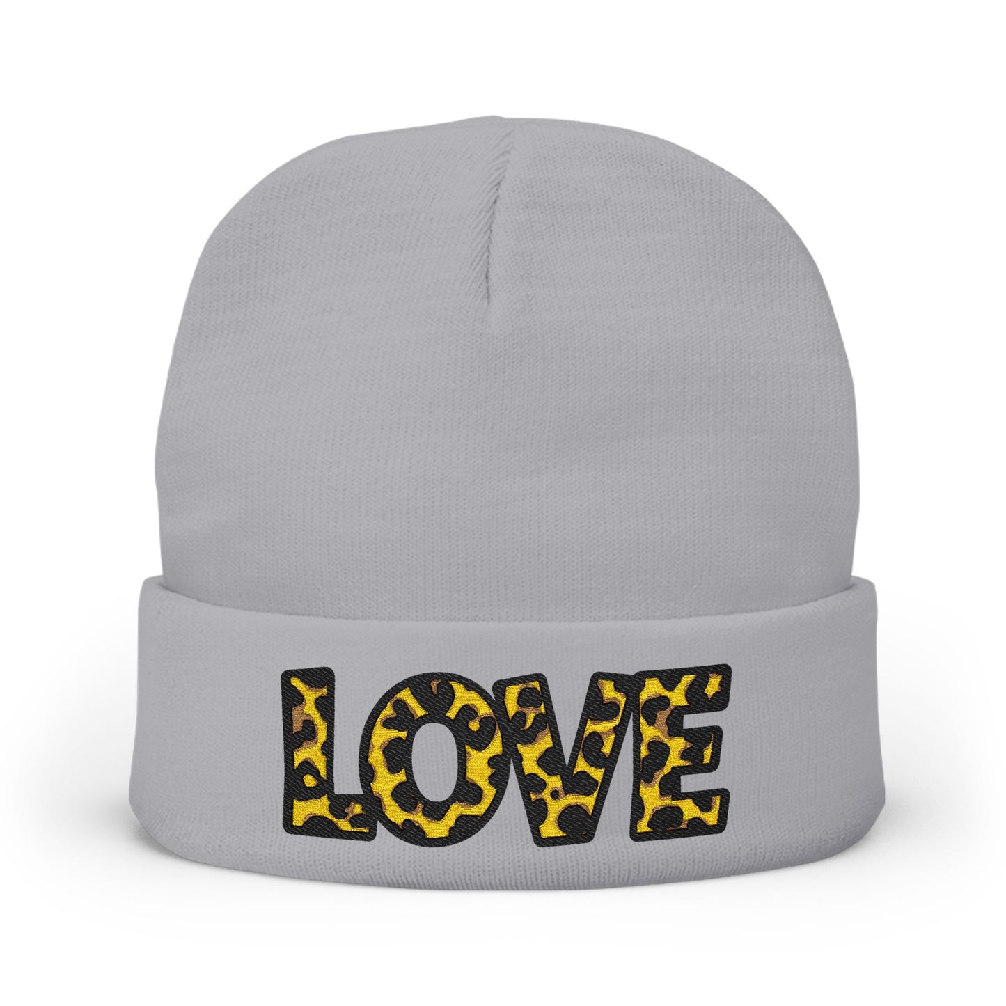Leopard Print LOVE Embroidered Knit Beanie | Animal Print Winter Hat