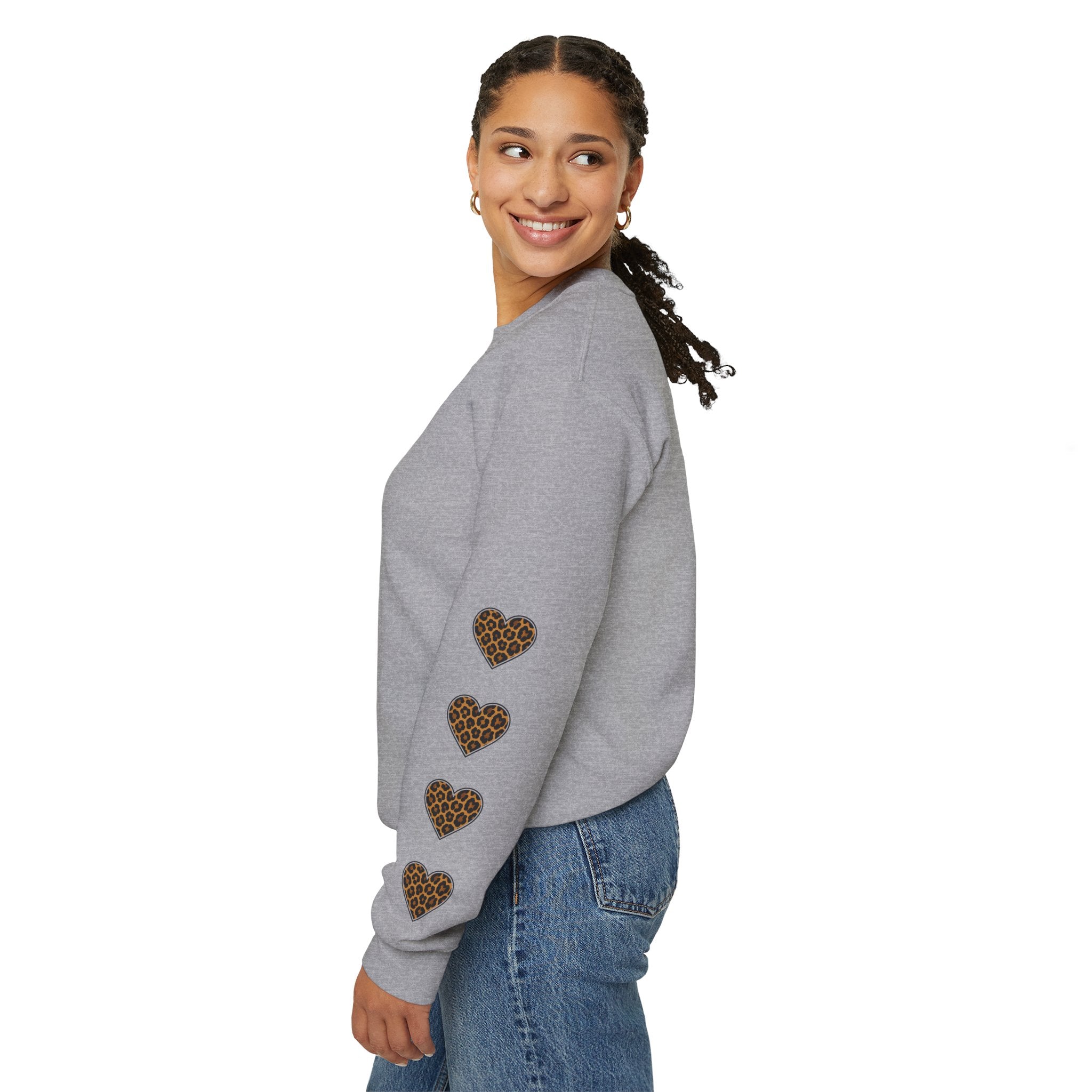 MawMaw Personalized Crewneck Sweatshirt —  Leopard Heart Sleeve Design