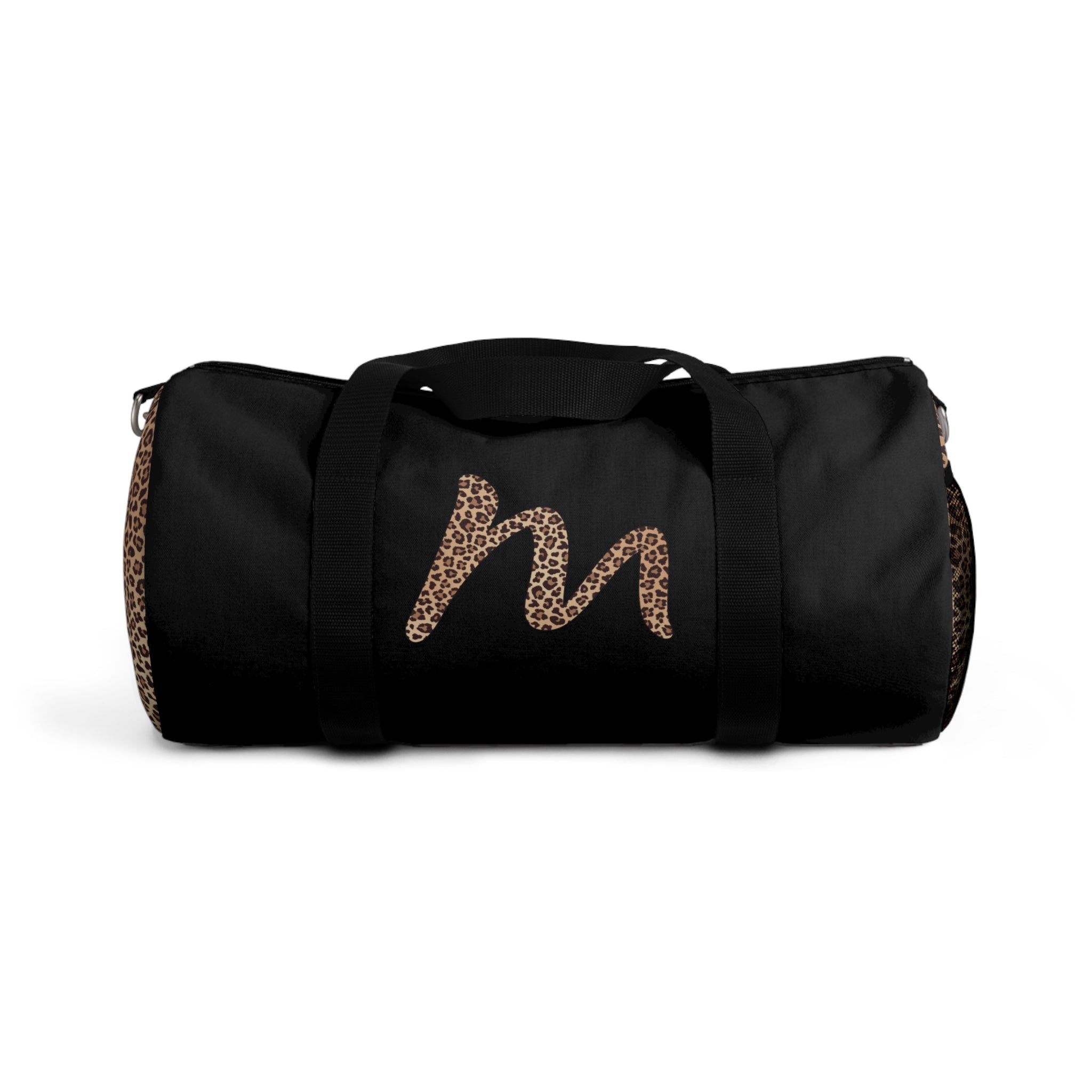 Leopard Monogram Duffel Bag — Black Travel Gym Bag with Animal Print Accent