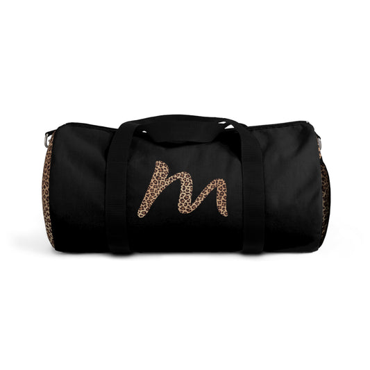 Leopard Monogram Duffel Bag — Black Travel Gym Bag with Animal Print Accent