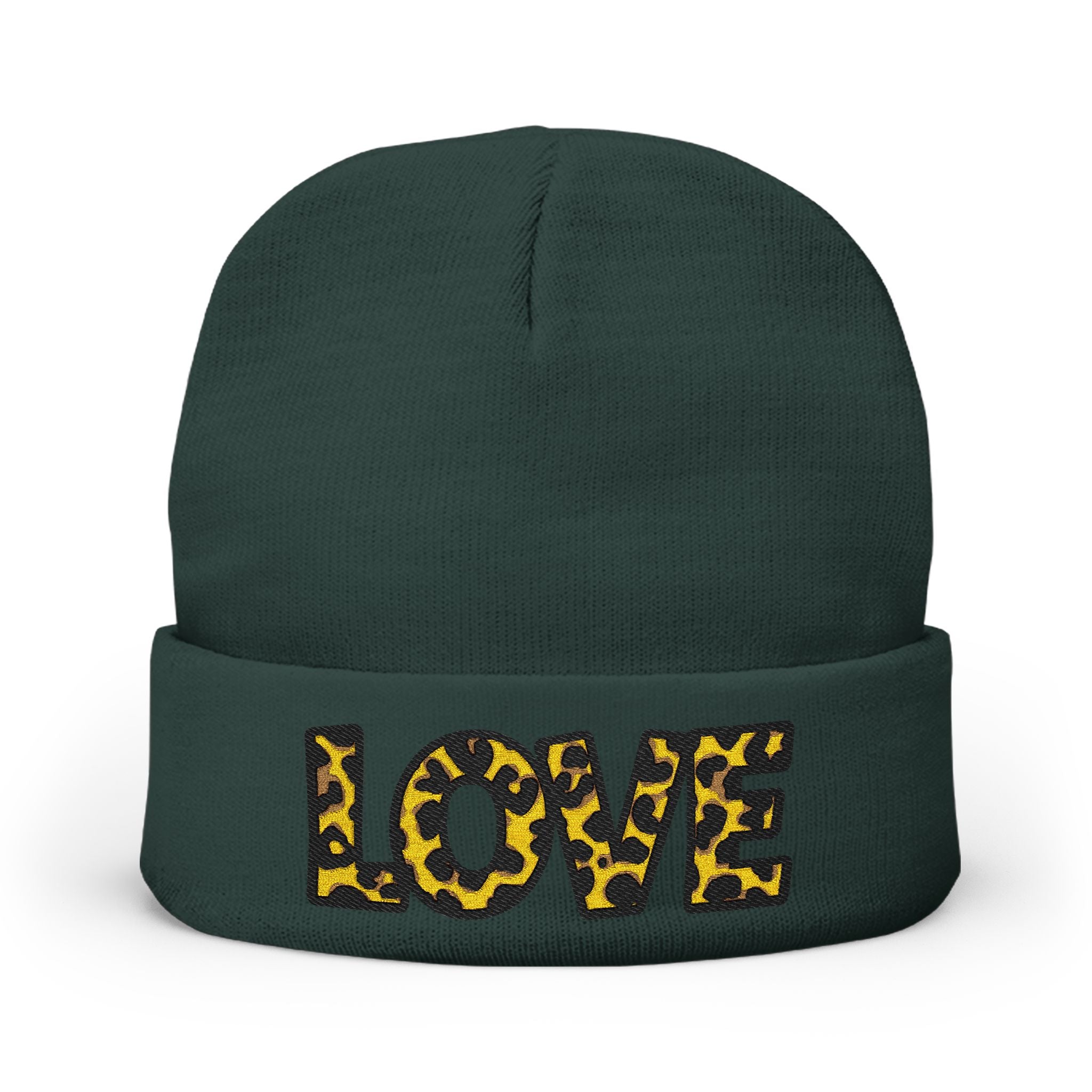 Leopard Print LOVE Embroidered Knit Beanie | Animal Print Winter Hat