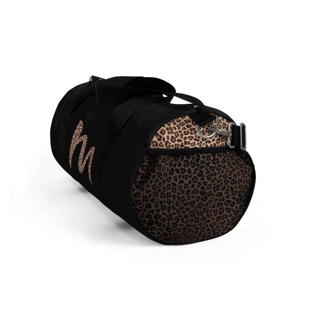 Leopard Monogram Duffel Bag — Black Travel Gym Bag with Animal Print Accent
