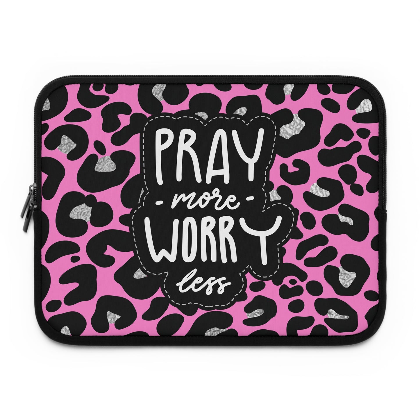 Pray More Worry Less Pink Leopard Laptop Sleeve — Faith-Inspired Protective Case