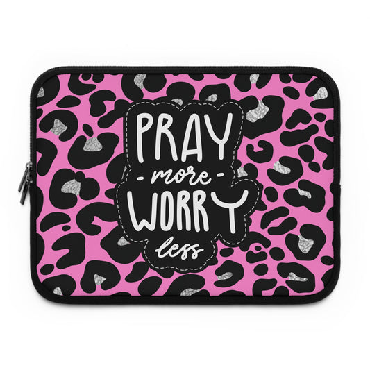 Pray More Worry Less Pink Leopard Laptop Sleeve — Faith-Inspired Protective Case