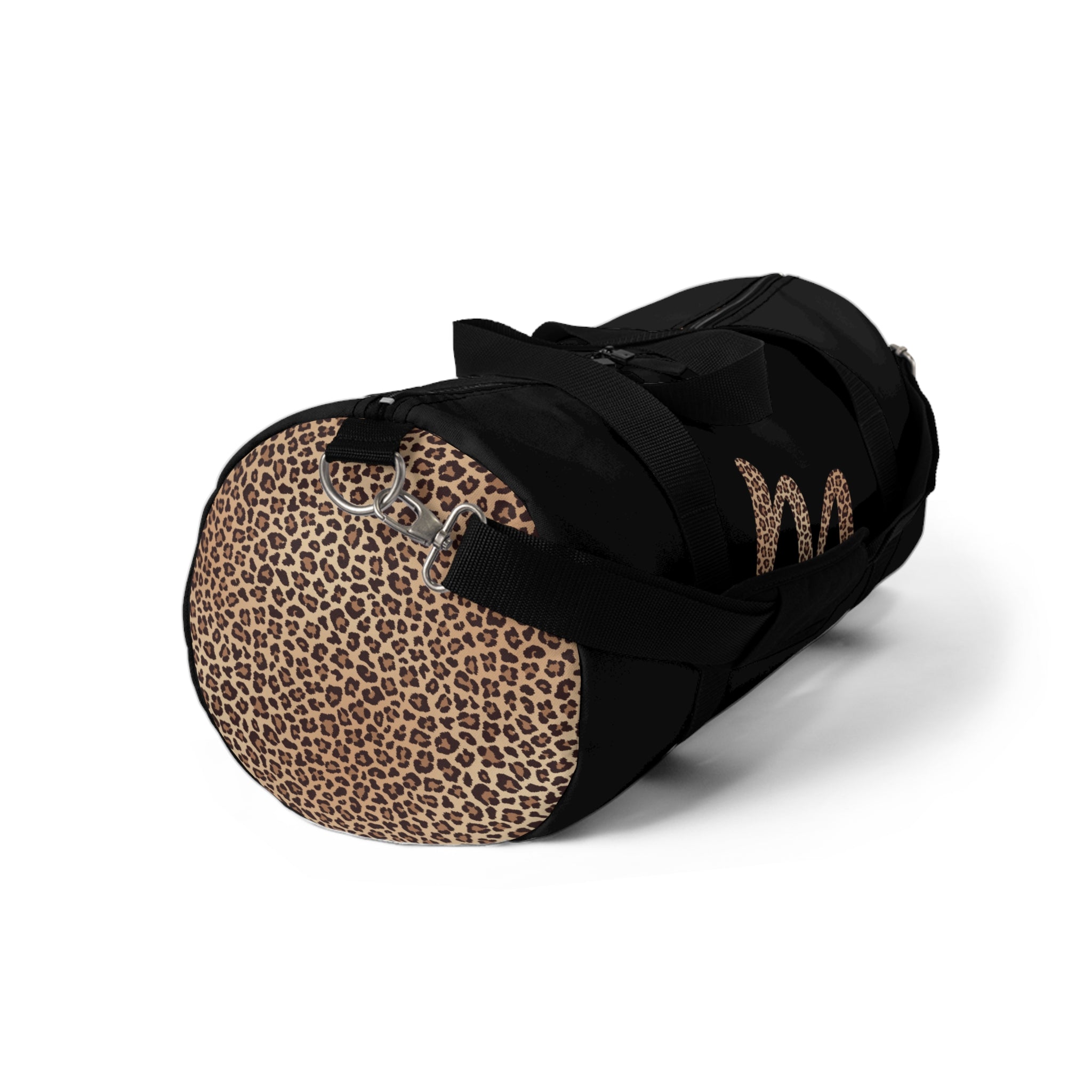 Leopard Monogram Duffel Bag — Black Travel Gym Bag with Animal Print Accent