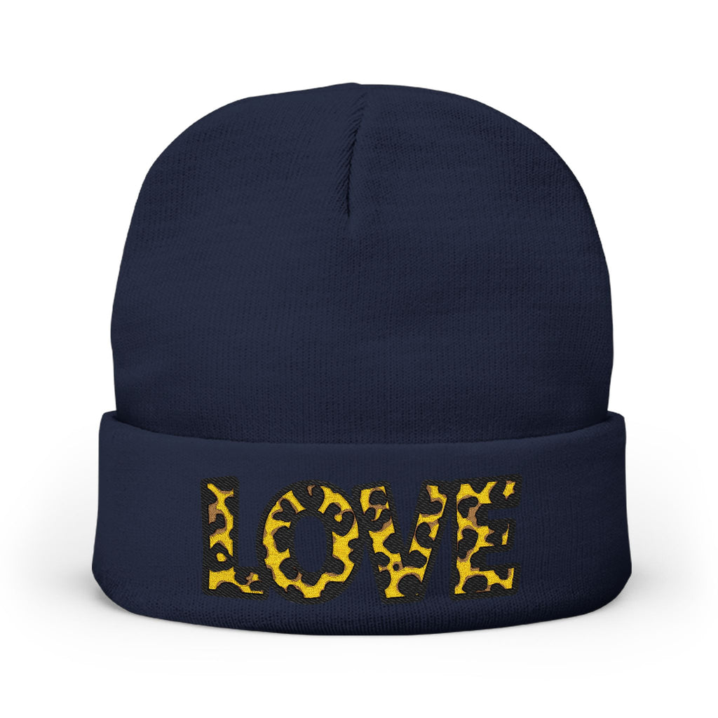 Leopard Print LOVE Embroidered Knit Beanie | Animal Print Winter Hat