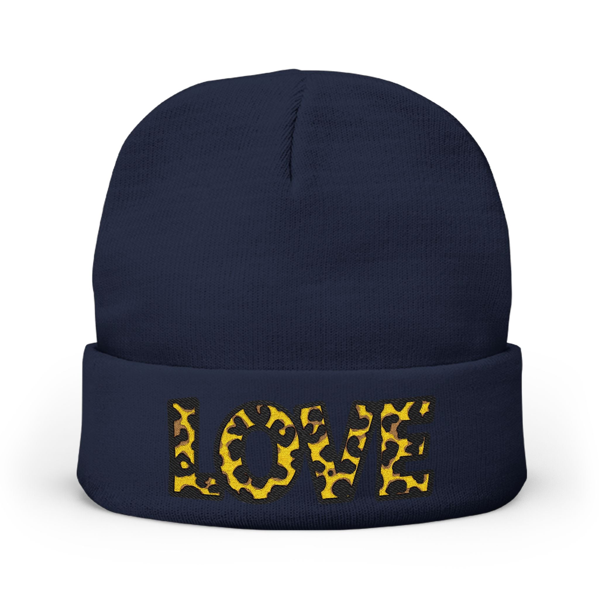 Leopard Print LOVE Embroidered Knit Beanie | Animal Print Winter Hat