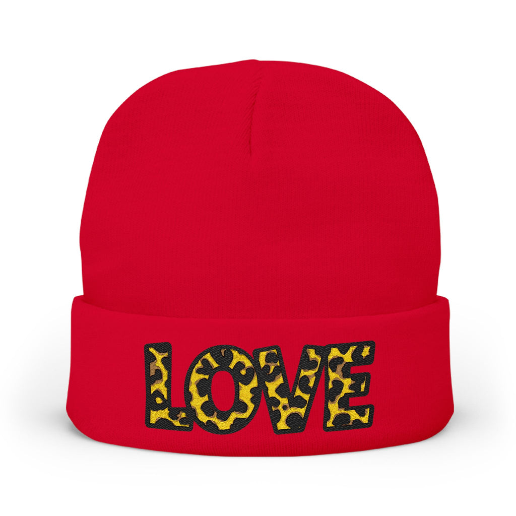 Leopard Print LOVE Embroidered Knit Beanie | Animal Print Winter Hat