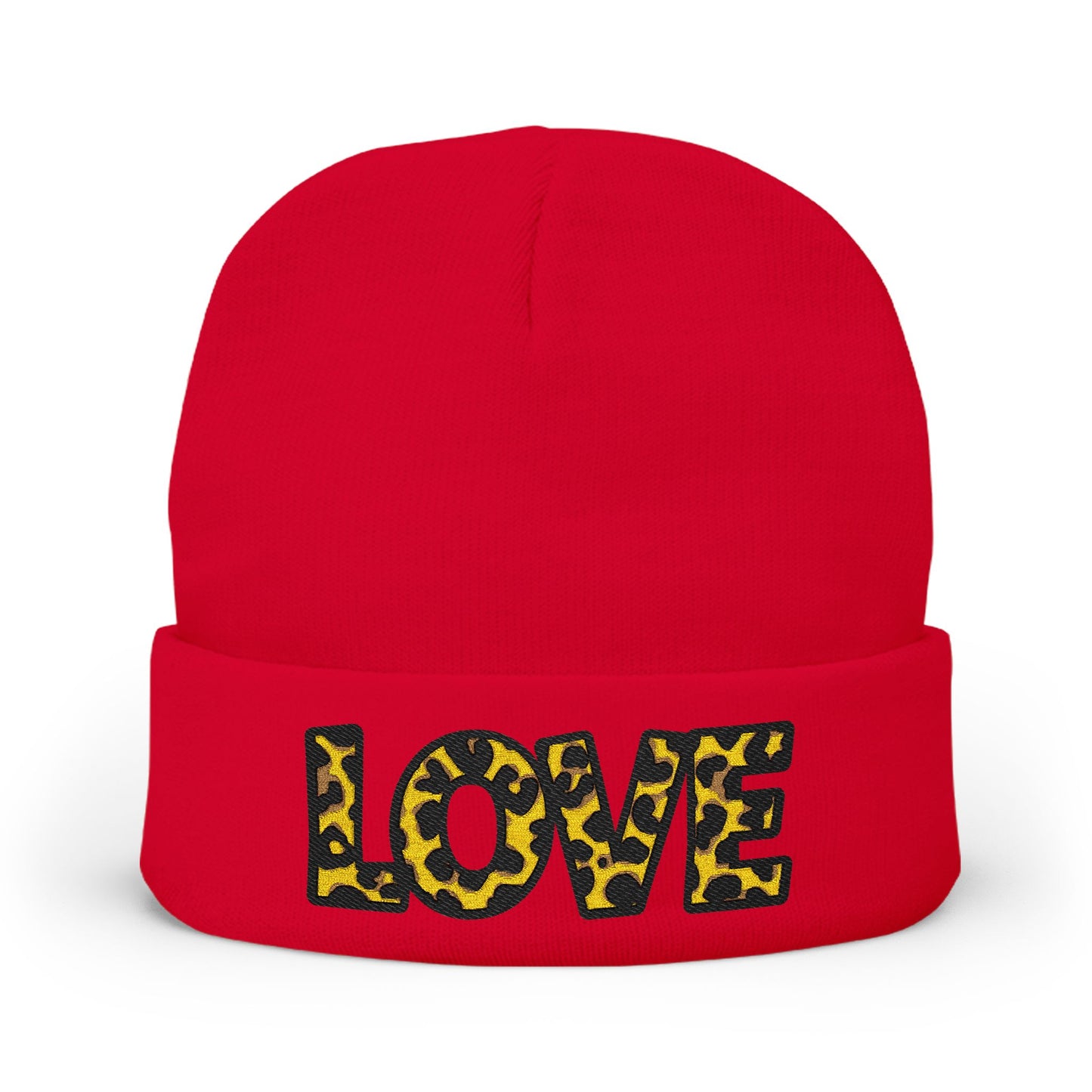 Leopard Print LOVE Embroidered Knit Beanie | Animal Print Winter Hat