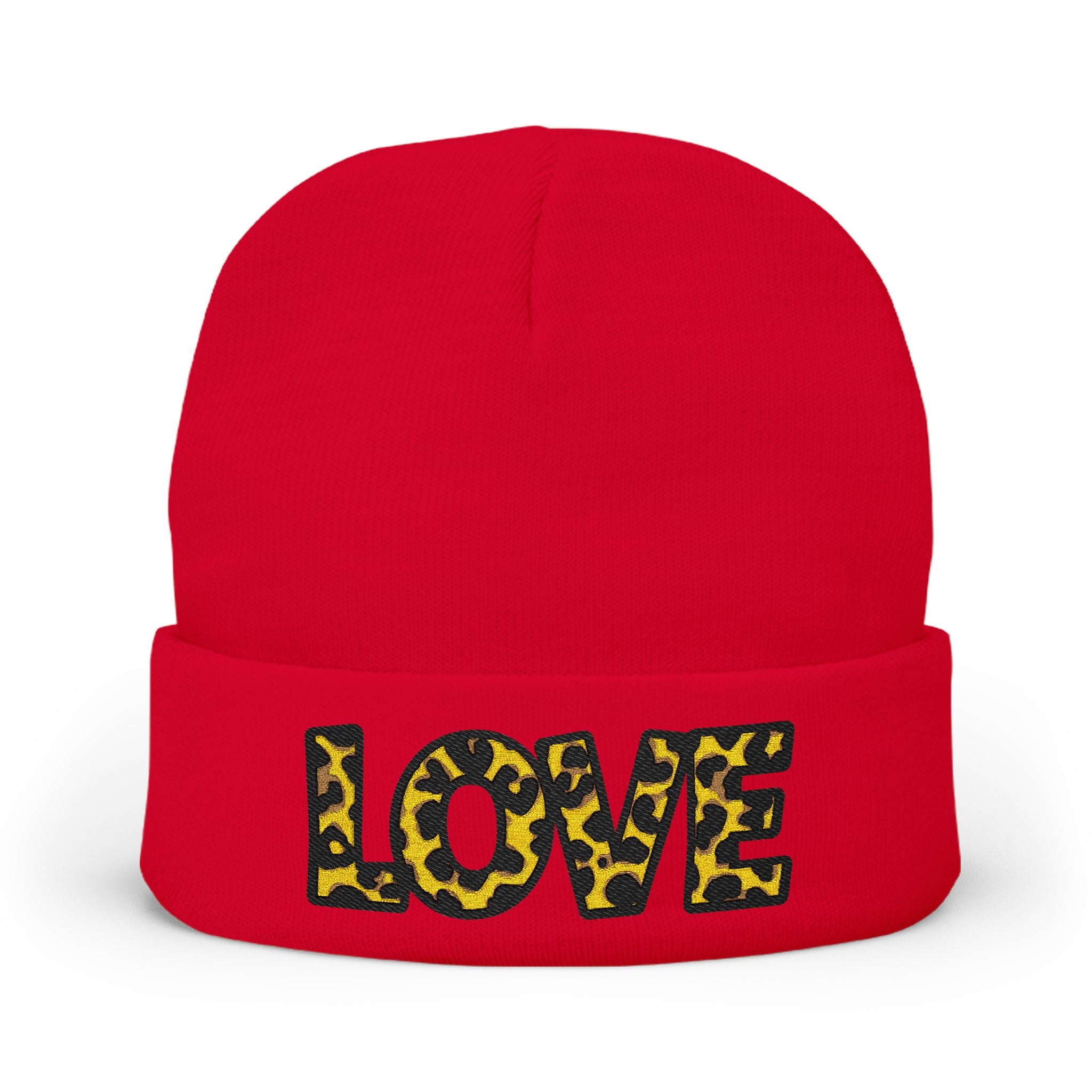 Leopard Print LOVE Embroidered Knit Beanie | Animal Print Winter Hat
