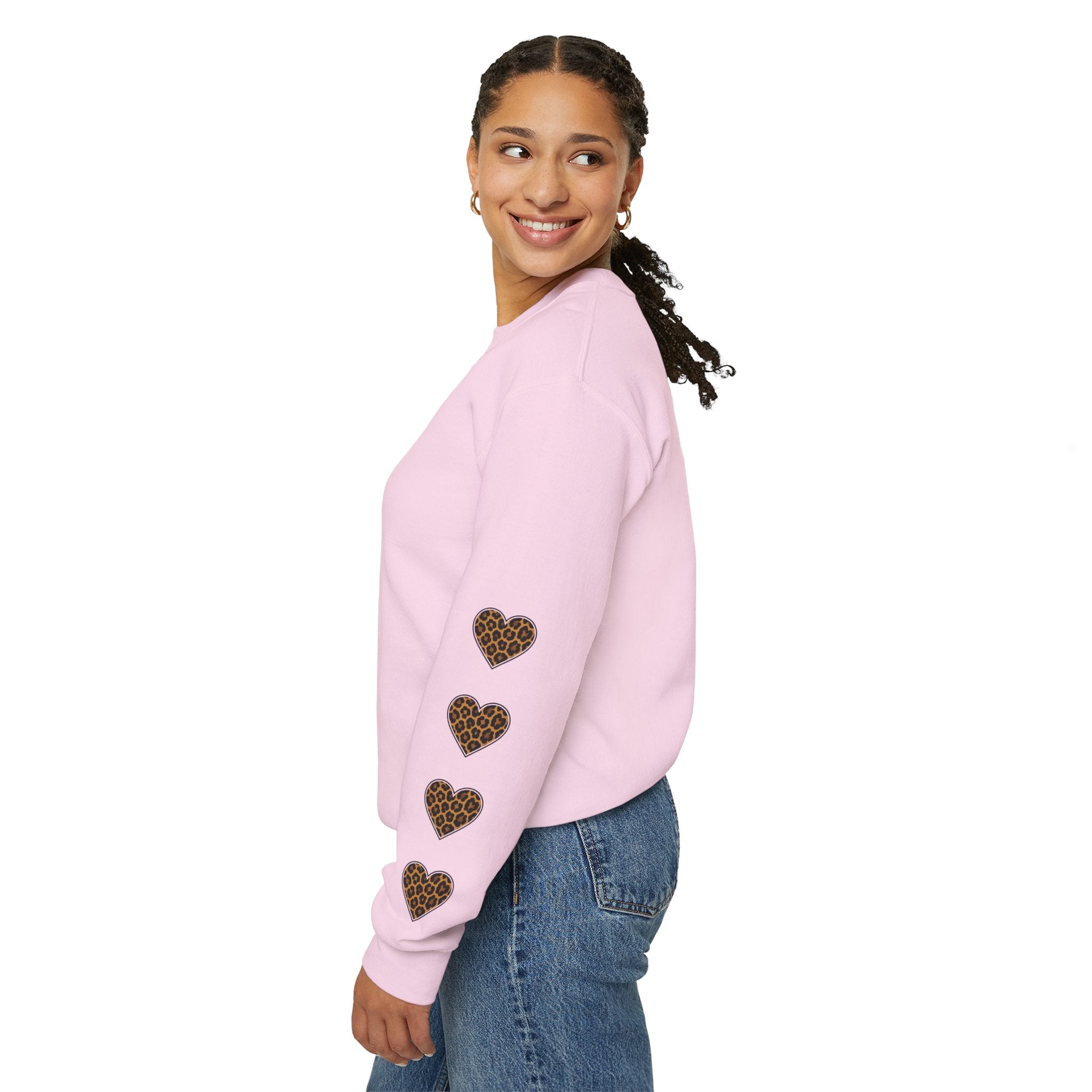Mimi Personalized Crewneck Sweatshirt —  Leopard Heart Sleeve Design