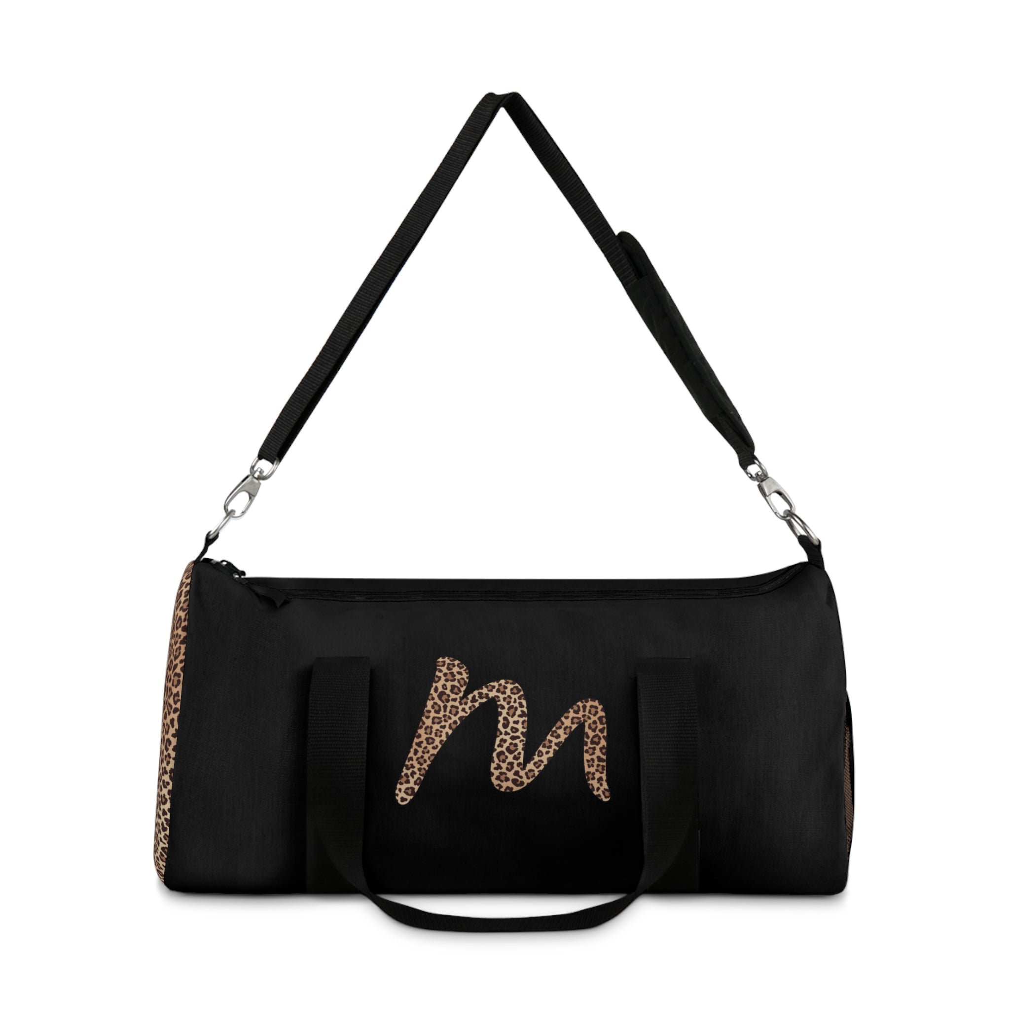 Leopard Monogram Duffel Bag — Black Travel Gym Bag with Animal Print Accent