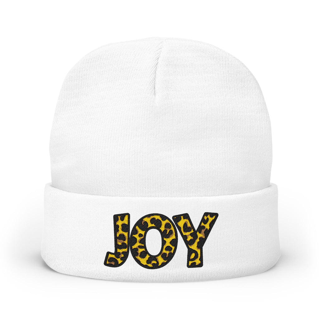 Leopard Print JOY Embroidered Knit Beanie | Animal Print Winter Hat