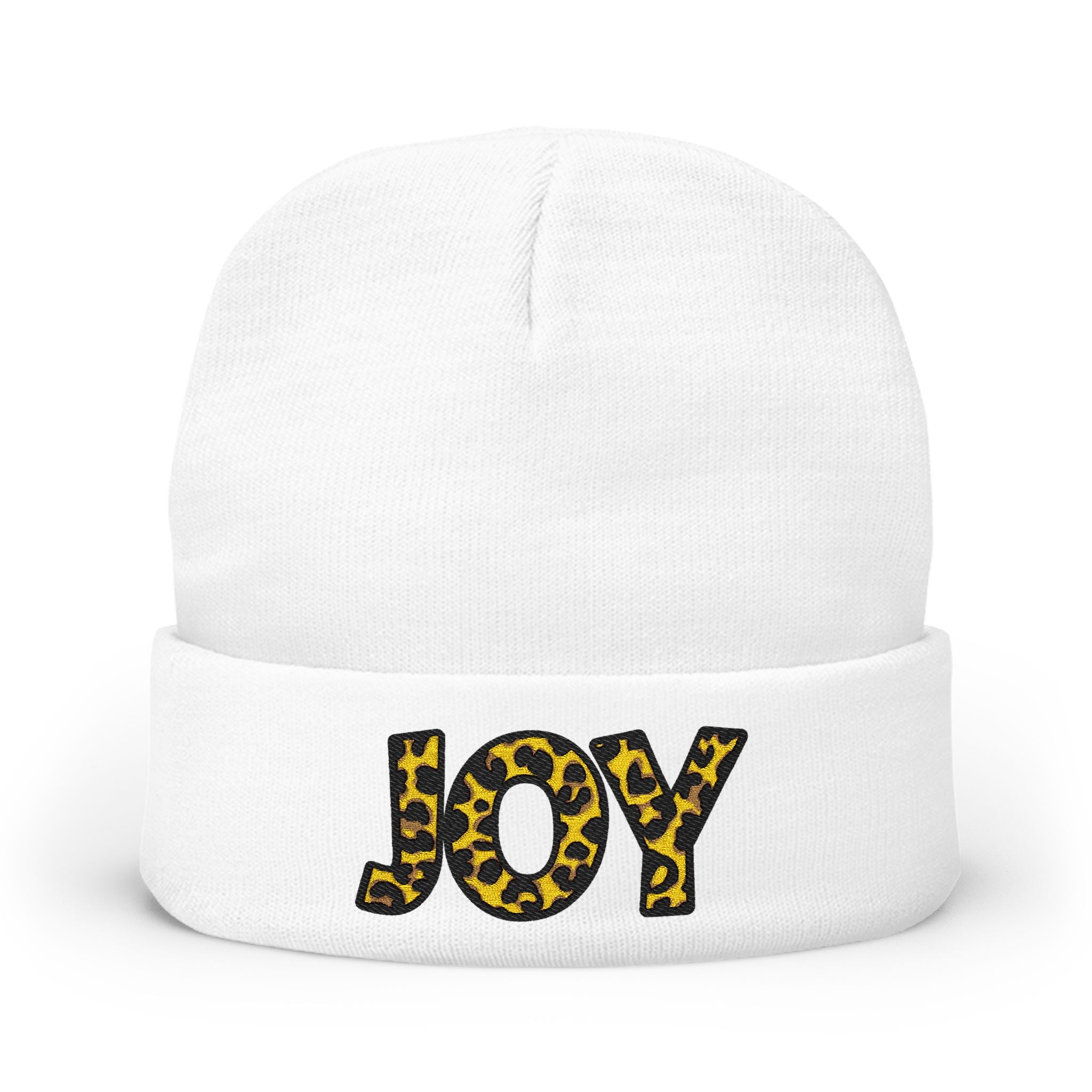 Leopard Print JOY Embroidered Knit Beanie | Animal Print Winter Hat
