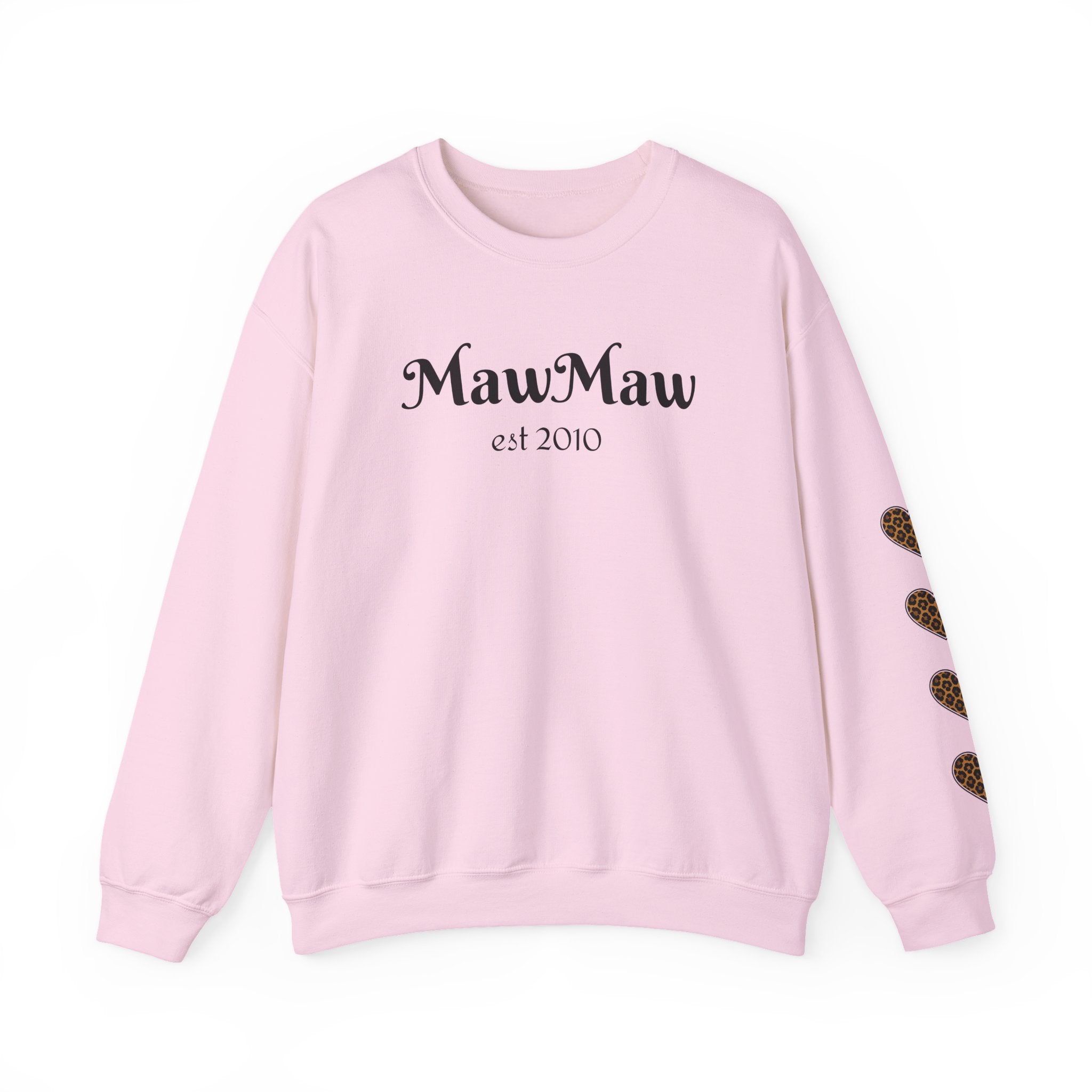 MawMaw Personalized Crewneck Sweatshirt —  Leopard Heart Sleeve Design