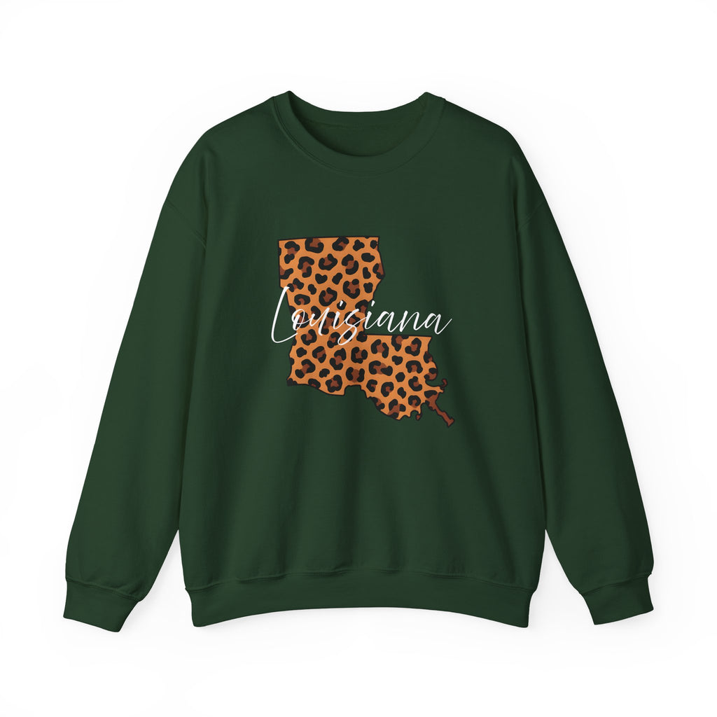 Leopard Print Louisiana Sweatshirt, Animal Print Pullover, Unisex Crewneck, Louisiana Gift, Cozy Leopard Sweatshirt, Wildlife Lover