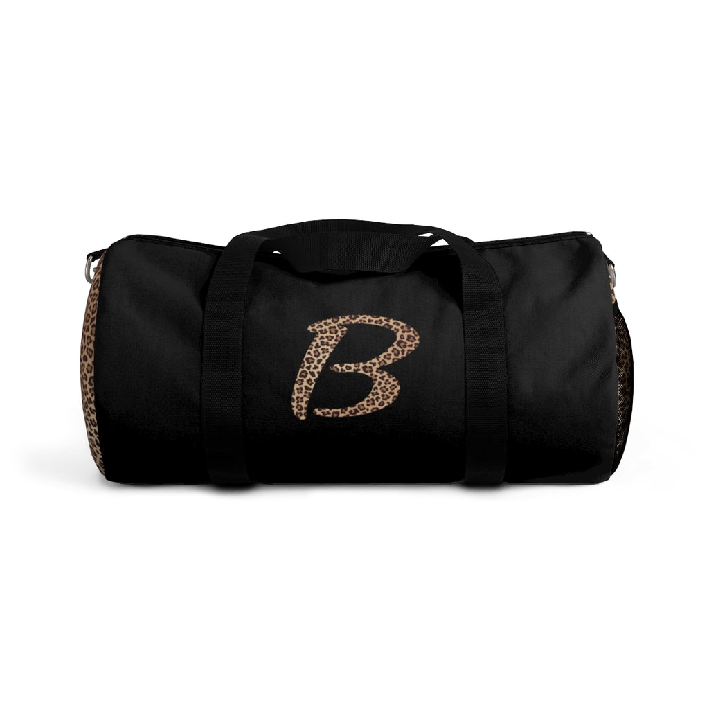 Leopard Monogram Duffel Bag — Black Travel Gym Bag with Animal Print Accent