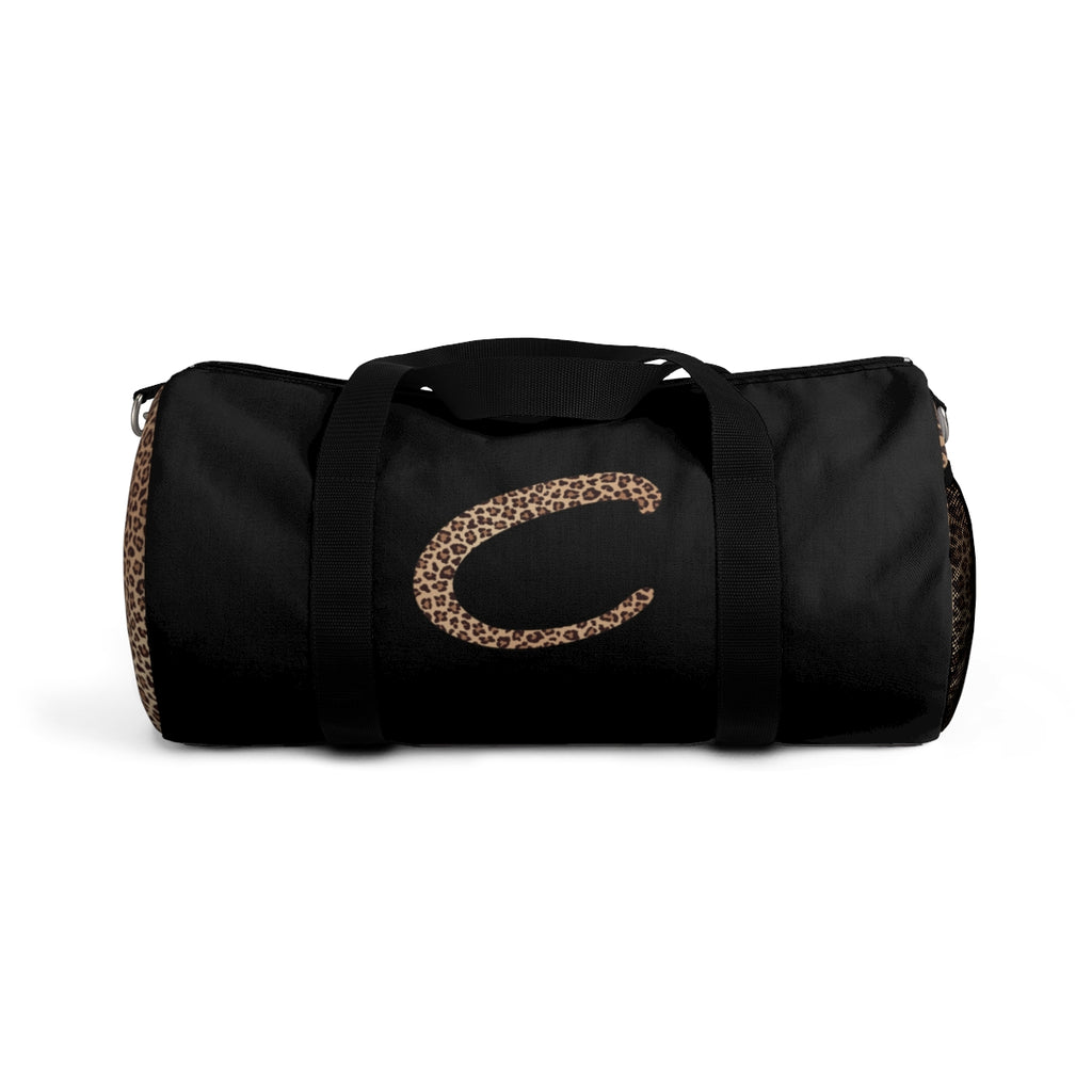 Leopard Monogram Duffel Bag — Black Travel Gym Bag with Animal Print Accent