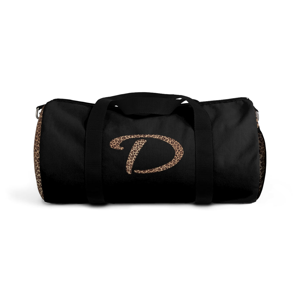 Leopard Monogram Duffel Bag — Black Travel Gym Bag with Animal Print Accent