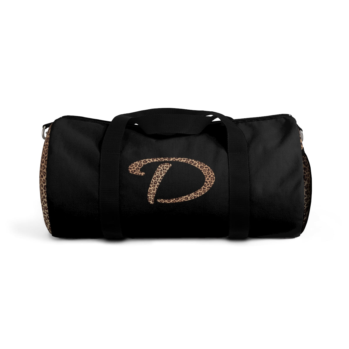 Leopard Monogram Duffel Bag — Black Travel Gym Bag with Animal Print Accent
