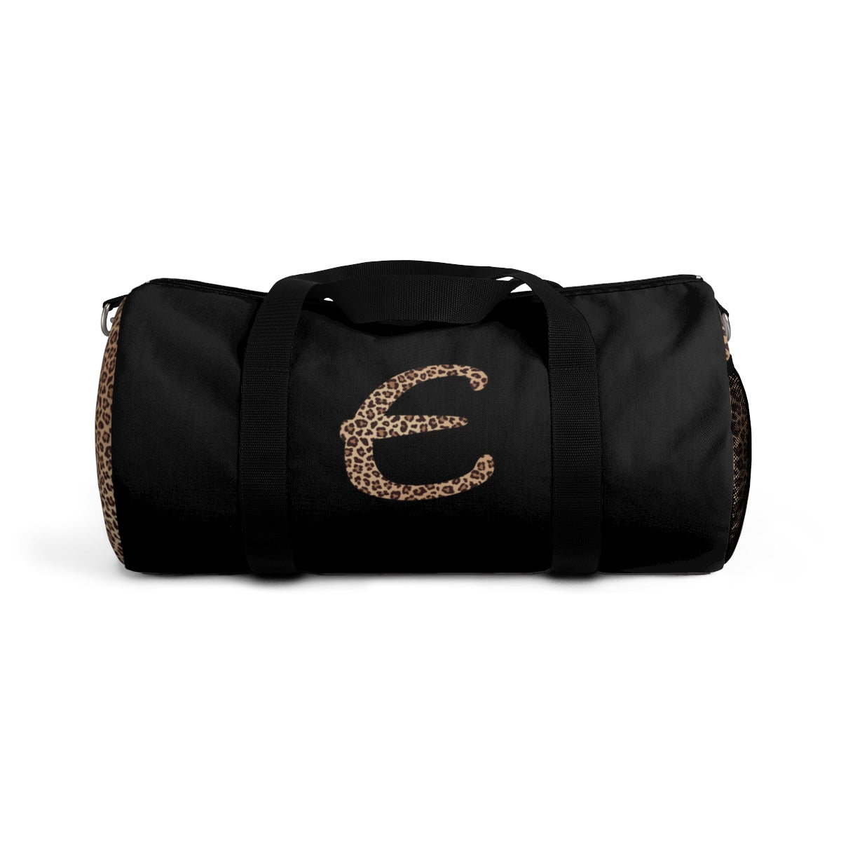 Leopard Monogram Duffel Bag — Black Travel Gym Bag with Animal Print Accent