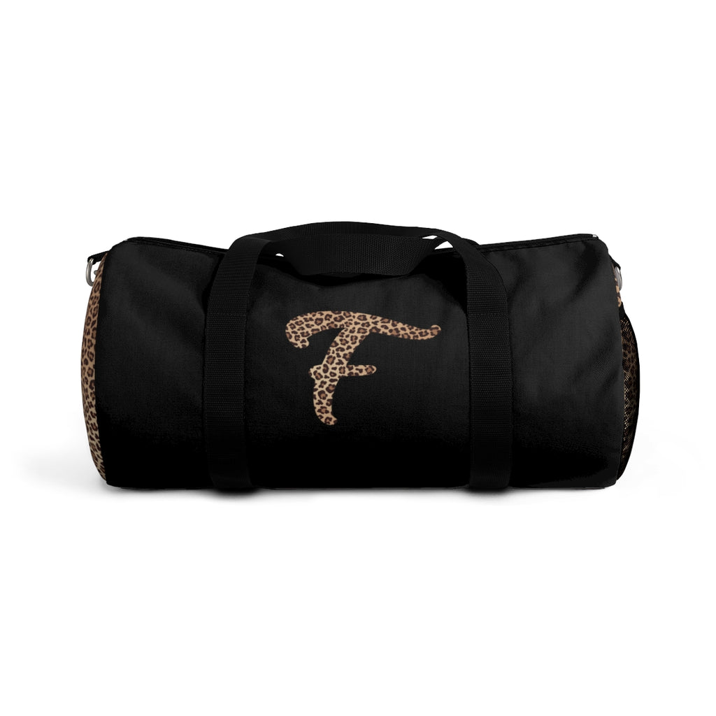 Leopard Monogram Duffel Bag — Black Travel Gym Bag with Animal Print Accent