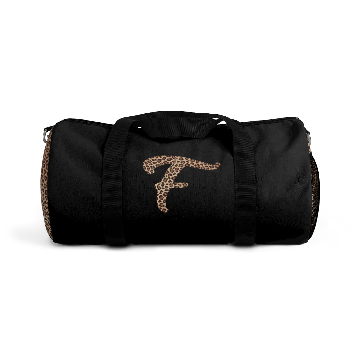 Leopard Monogram Duffel Bag — Black Travel Gym Bag with Animal Print Accent