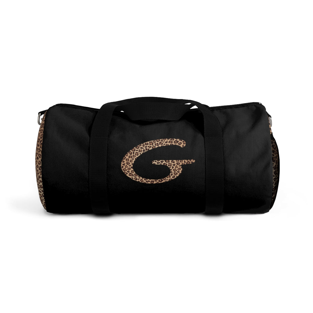 Leopard Monogram Duffel Bag — Black Travel Gym Bag with Animal Print Accent