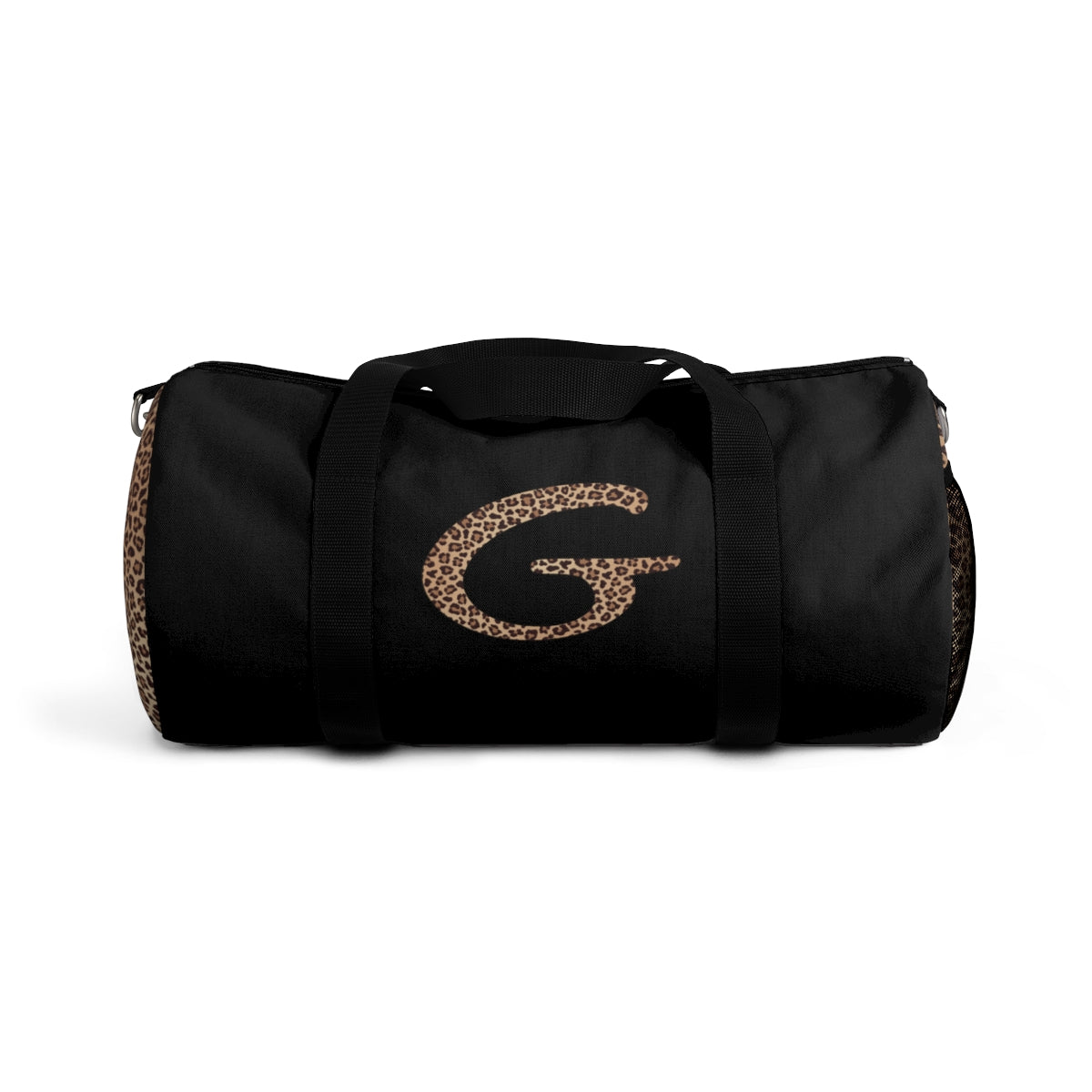 Leopard Monogram Duffel Bag — Black Travel Gym Bag with Animal Print Accent