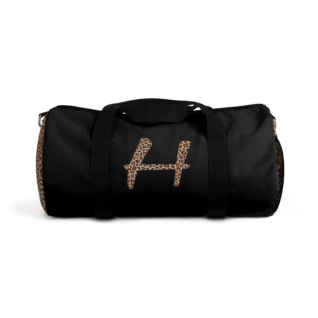 Leopard Monogram Duffel Bag — Black Travel Gym Bag with Animal Print Accent
