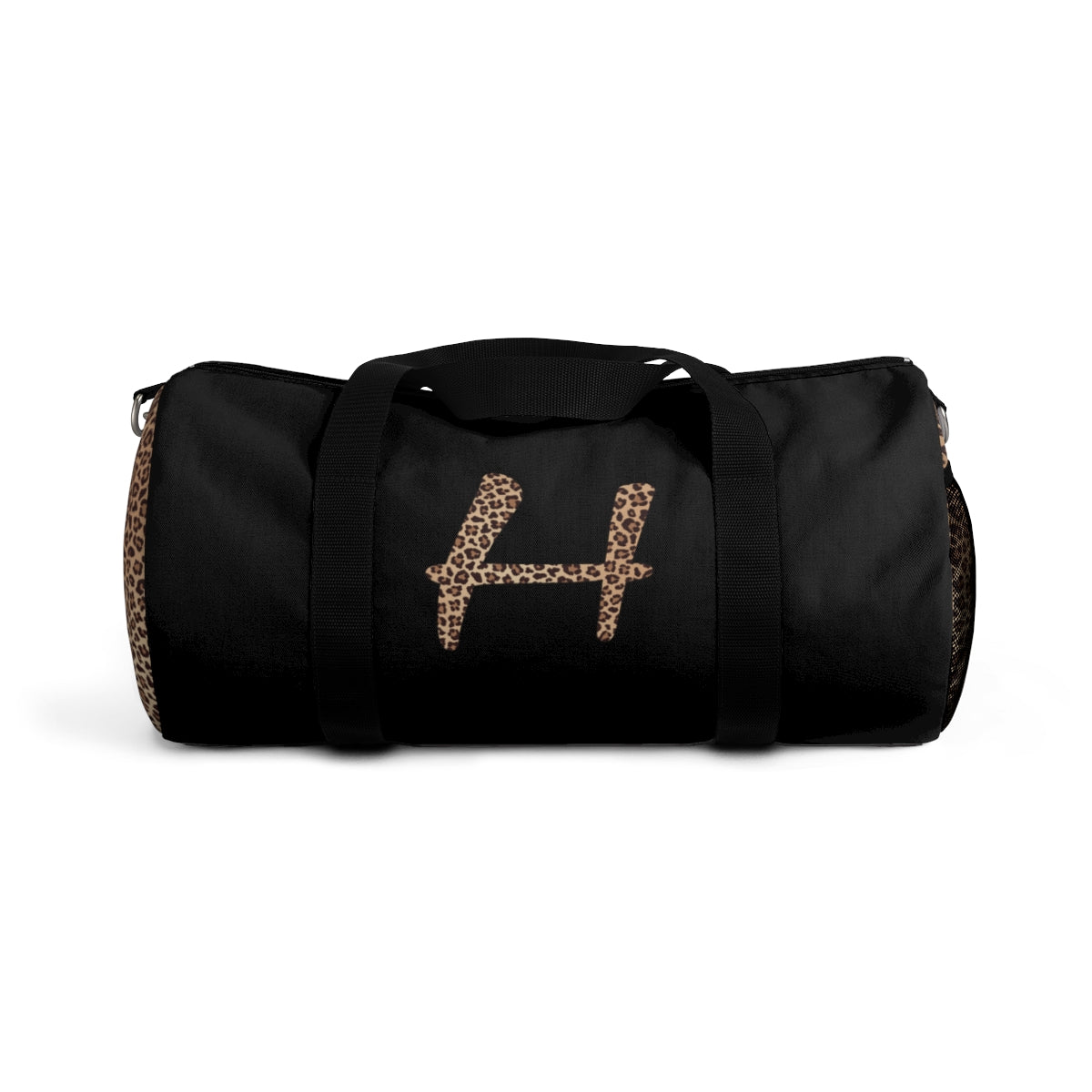 Leopard Monogram Duffel Bag — Black Travel Gym Bag with Animal Print Accent