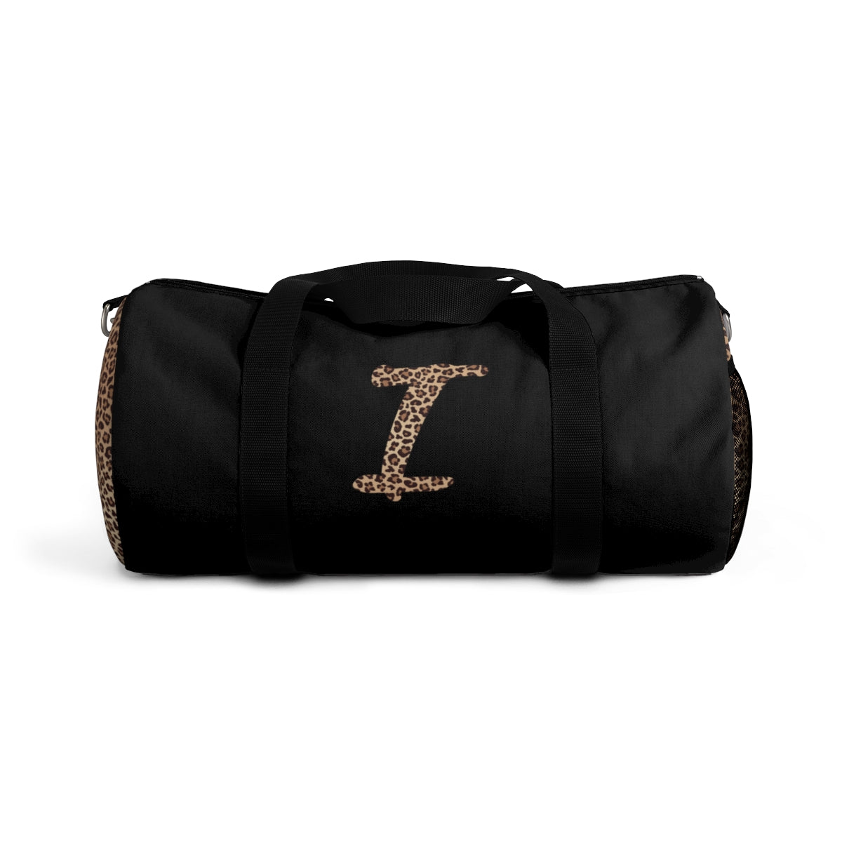 Leopard Monogram Duffel Bag — Black Travel Gym Bag with Animal Print Accent