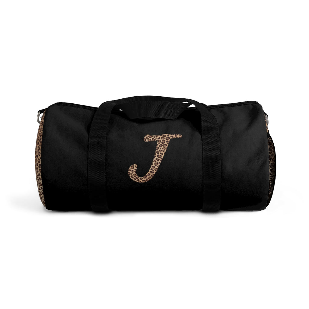 Leopard Monogram Duffel Bag — Black Travel Gym Bag with Animal Print Accent