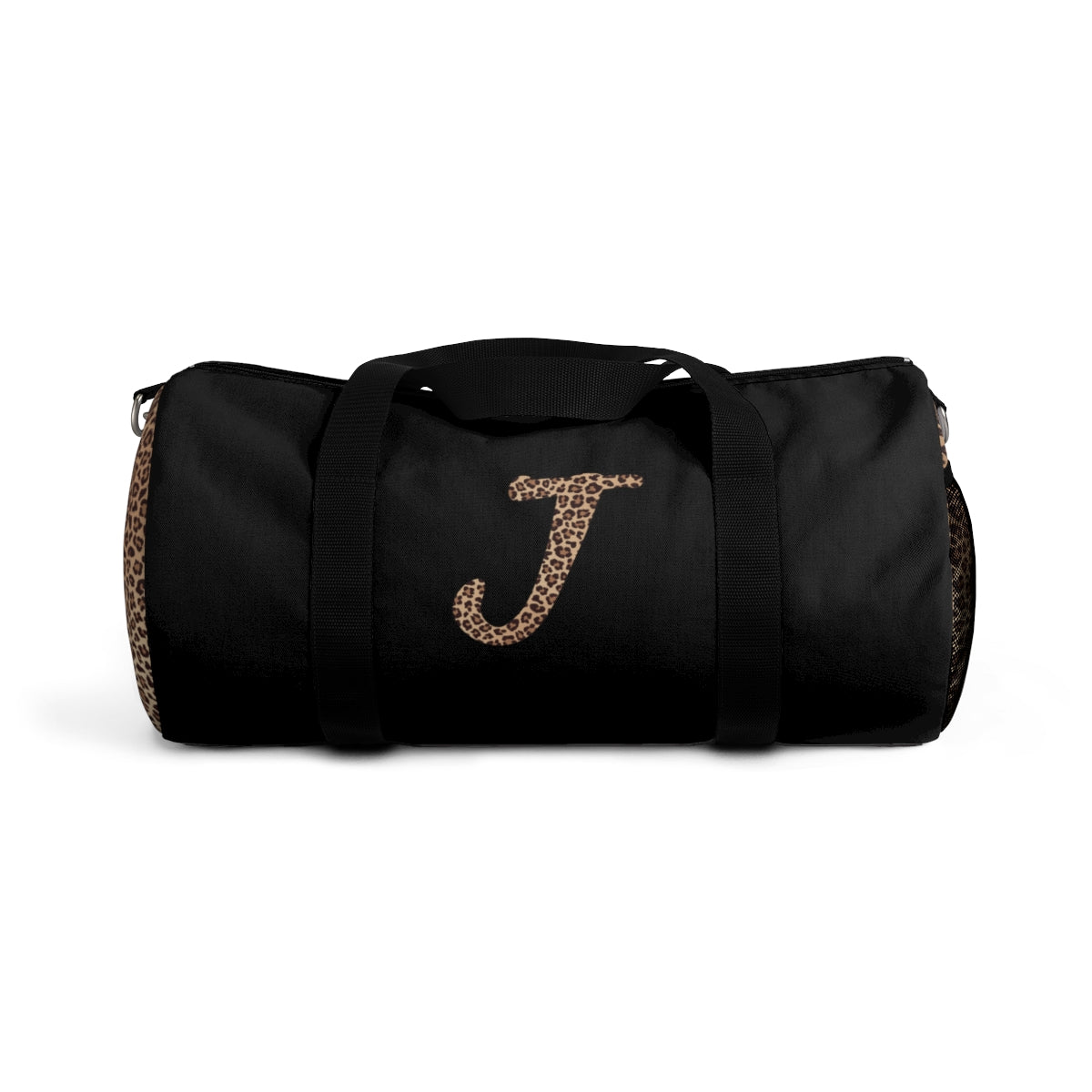 Leopard Monogram Duffel Bag — Black Travel Gym Bag with Animal Print Accent