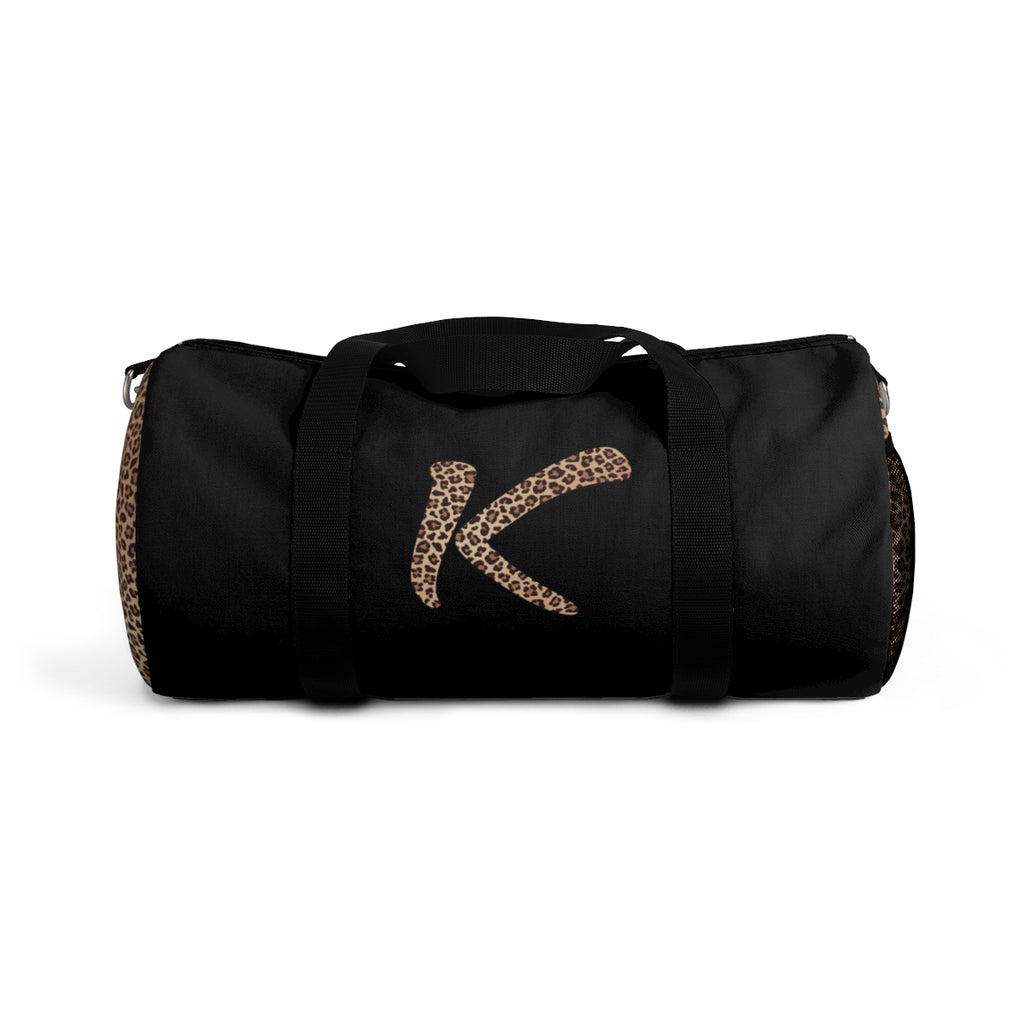 Leopard Monogram Duffel Bag — Black Travel Gym Bag with Animal Print Accent