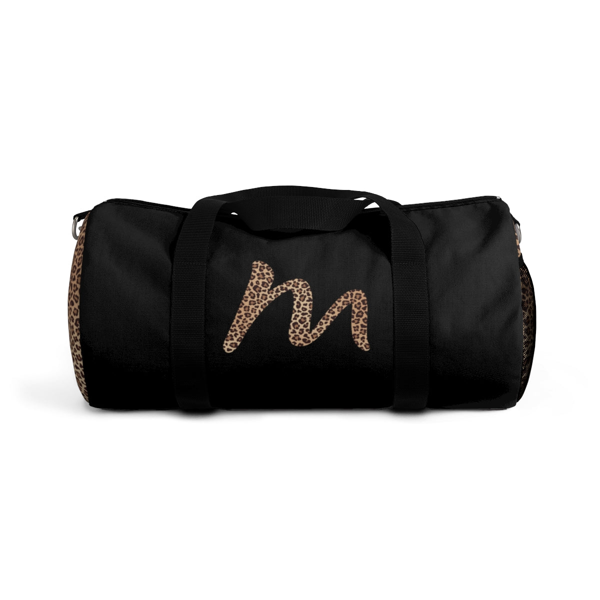 Leopard Monogram Duffel Bag — Black Travel Gym Bag with Animal Print Accent