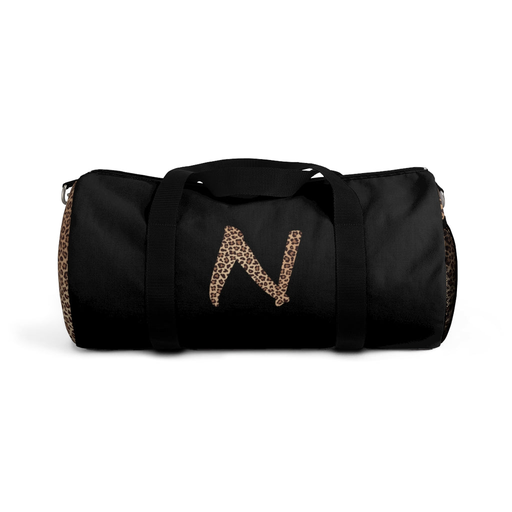 Leopard Monogram Duffel Bag — Black Travel Gym Bag with Animal Print Accent