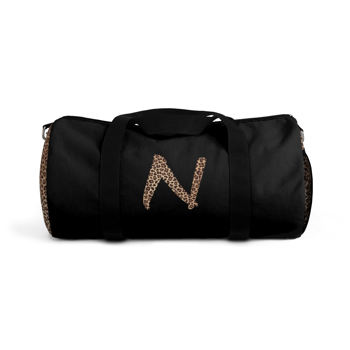 Leopard Monogram Duffel Bag — Black Travel Gym Bag with Animal Print Accent