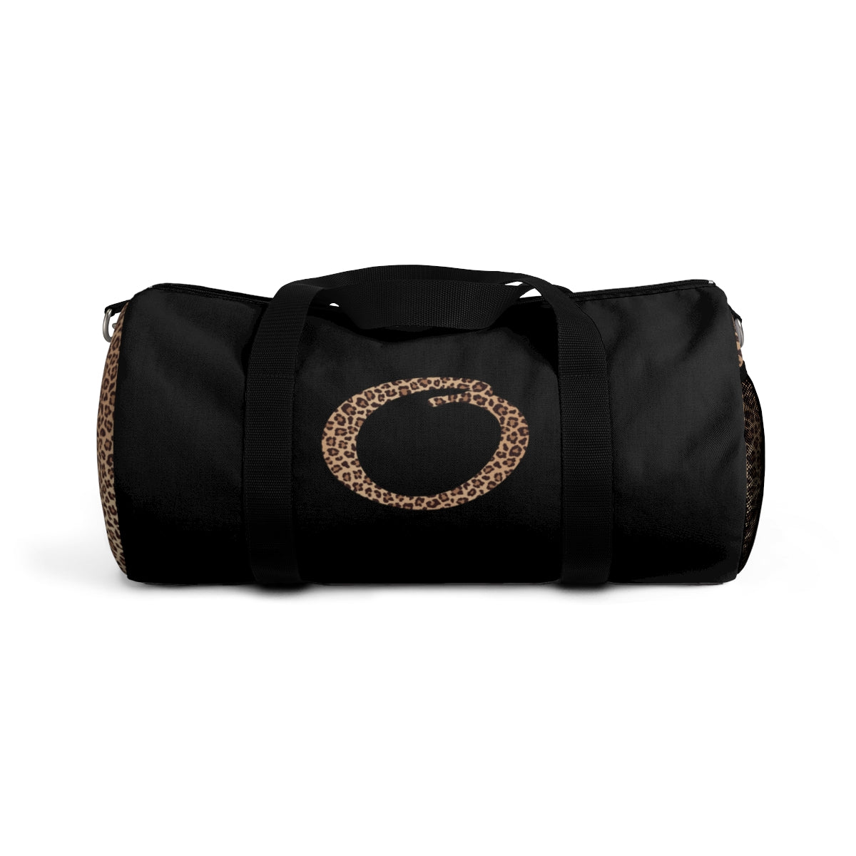 Leopard Monogram Duffel Bag — Black Travel Gym Bag with Animal Print Accent