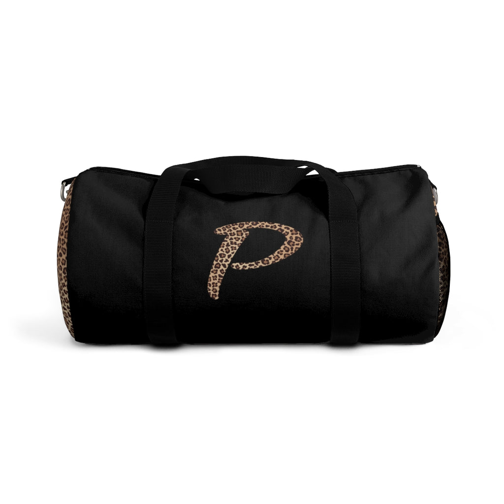 Leopard Monogram Duffel Bag — Black Travel Gym Bag with Animal Print Accent