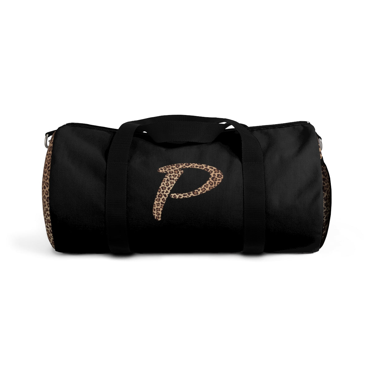 Leopard Monogram Duffel Bag — Black Travel Gym Bag with Animal Print Accent