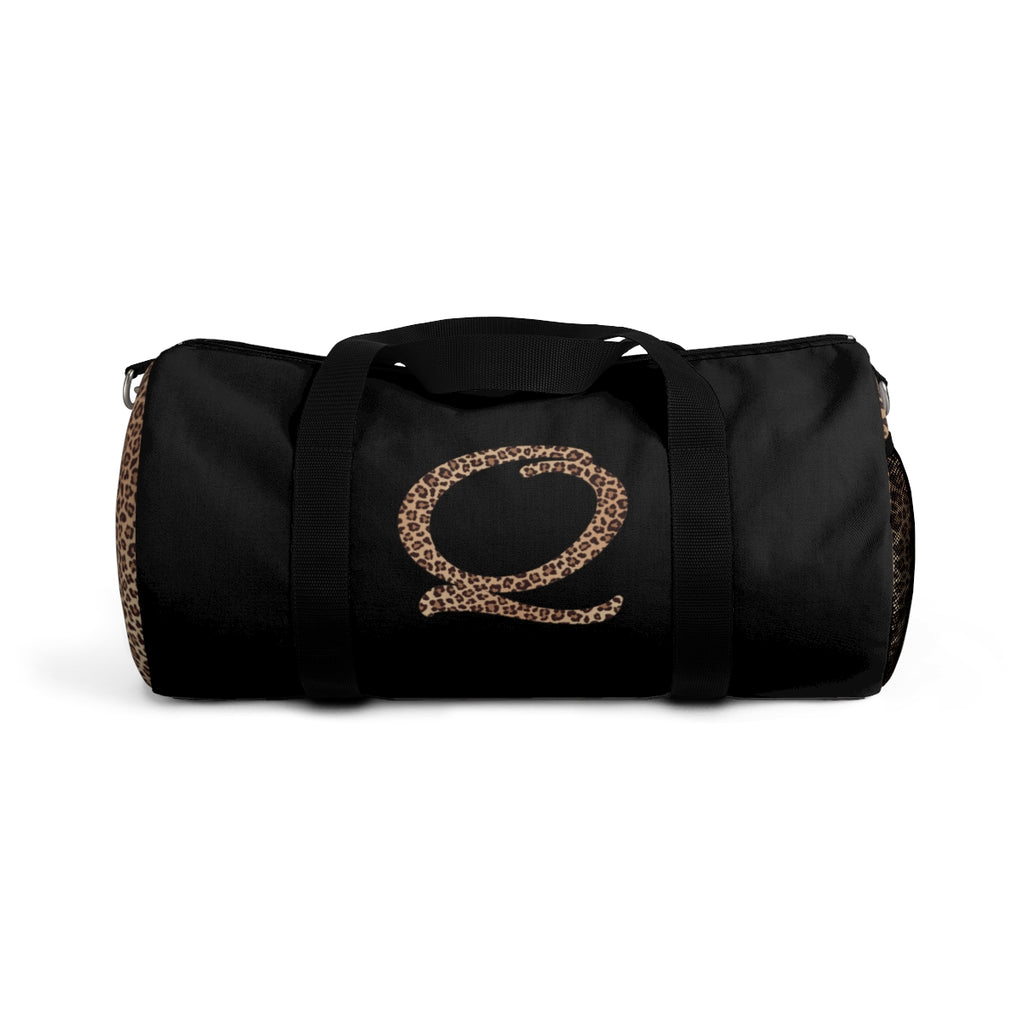 Leopard Monogram Duffel Bag — Black Travel Gym Bag with Animal Print Accent