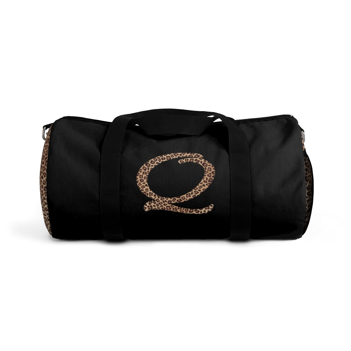 Leopard Monogram Duffel Bag — Black Travel Gym Bag with Animal Print Accent